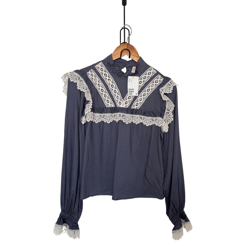 H&M Women Small Grey Blouse Lace Trim Mock Neck Lace Prairie Chic Coquette Boho
